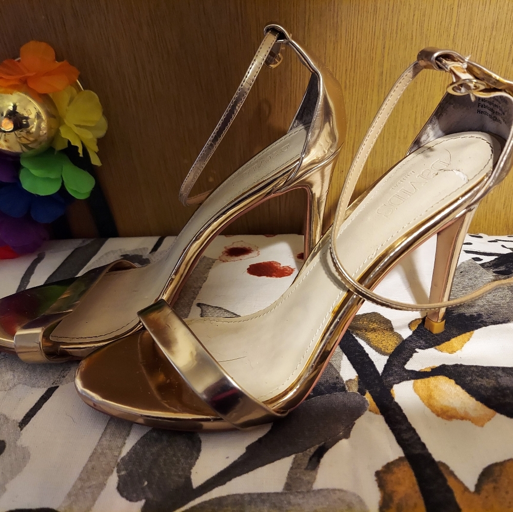 David's Bridal rose gold strappy heels